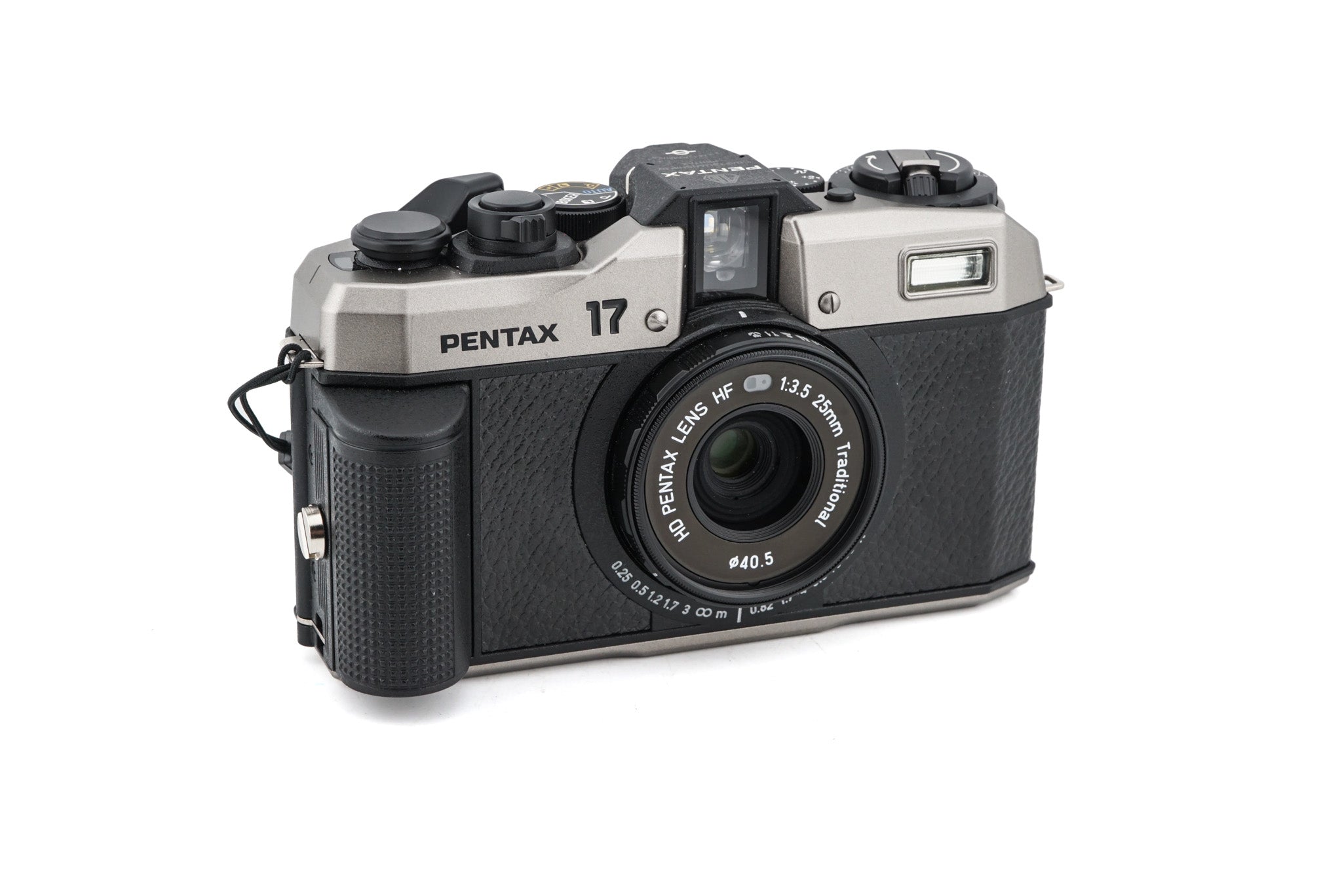 Pentax 17 half-frame camera front left view on a white background.