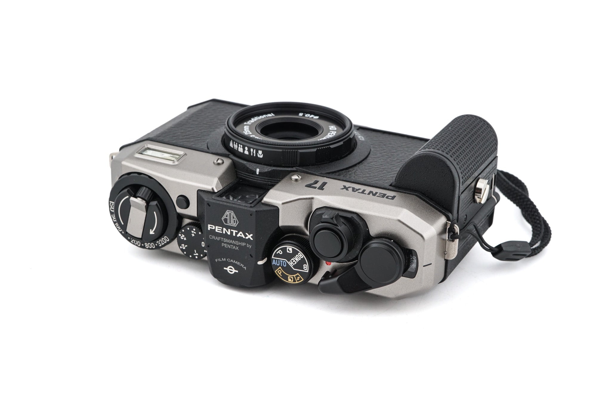 Pentax 17 half-frame camera top view on a white background.