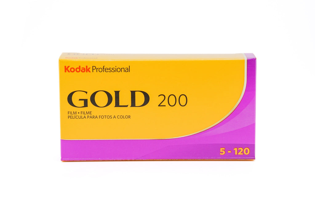 A Kodak Gold 200 color negative film roll in a box on a white background. For 120mm medium format cameras.