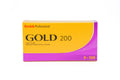 A Kodak Gold 200 color negative film roll in a box on a white background. For 120mm medium format cameras.