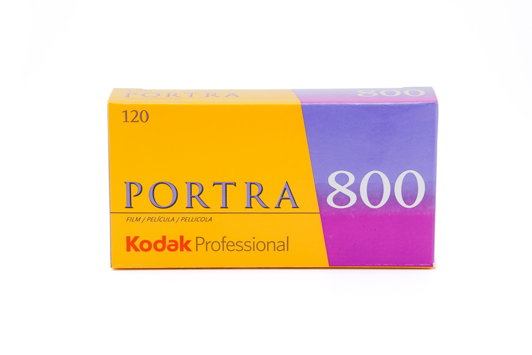 Kodak Portra 800 color negative film package on a white background. For 120mm medium format cameras.