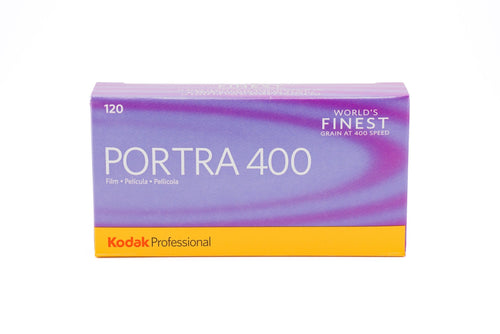 Kodak Portra 400 color negative film package on a white background. For 120mm medium format cameras.