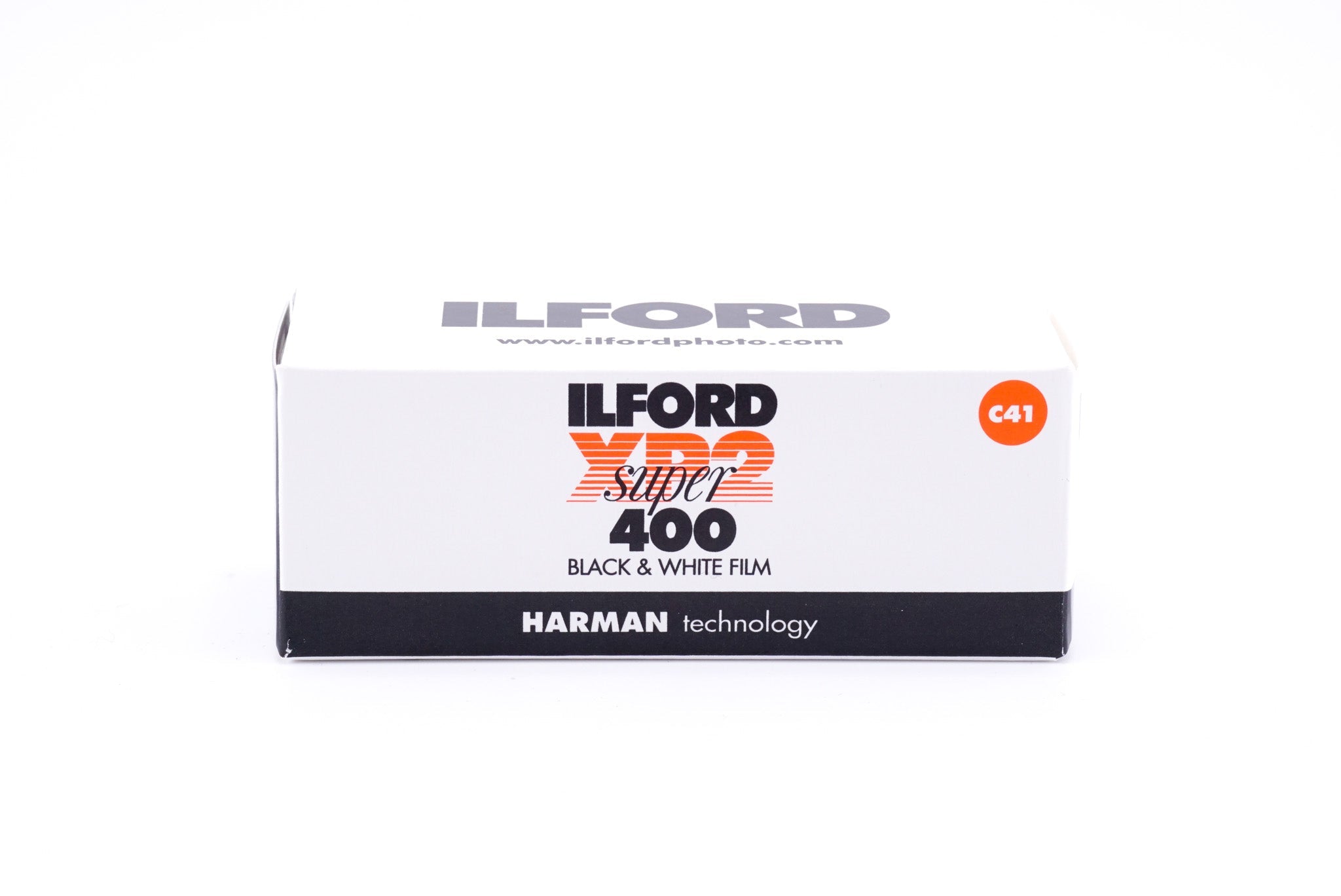 An Ilford XP2 Super 400 black and white film box on a white background. For 120mm medium format cameras.