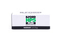 An Ilford HP5 Plus 400 black and white film box on a white background. For 120mm medium format cameras.