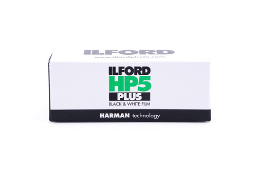 An Ilford HP5 Plus 400 black and white film box on a white background. For 120mm medium format cameras.