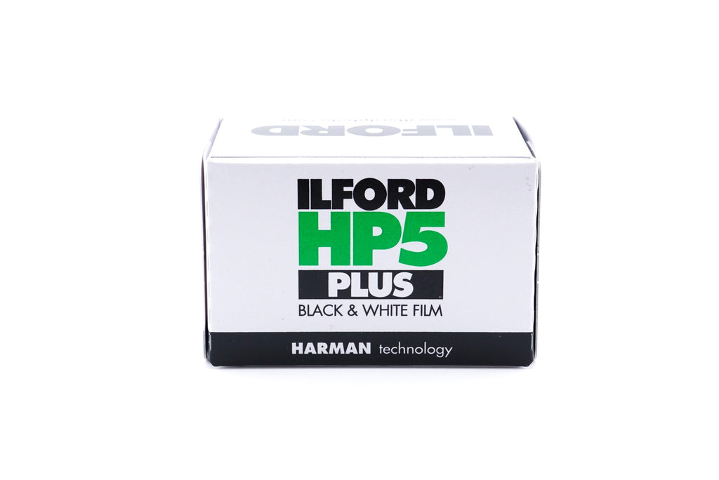 Ilford HP5 Plus 400 black and white film box on a white background. For 35mm cameras.