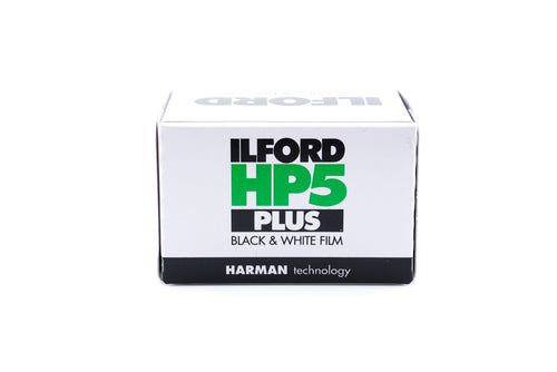 Ilford HP5 Plus 400 black and white film box on a white background. For 35mm cameras.
