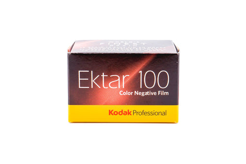 A Kodak Ektar 100 film in a package on a white background. For 35mm film format cameras.